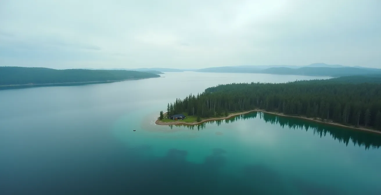 Vue panoramique d'un territoire innu avec forêt boréale et lac au Québec