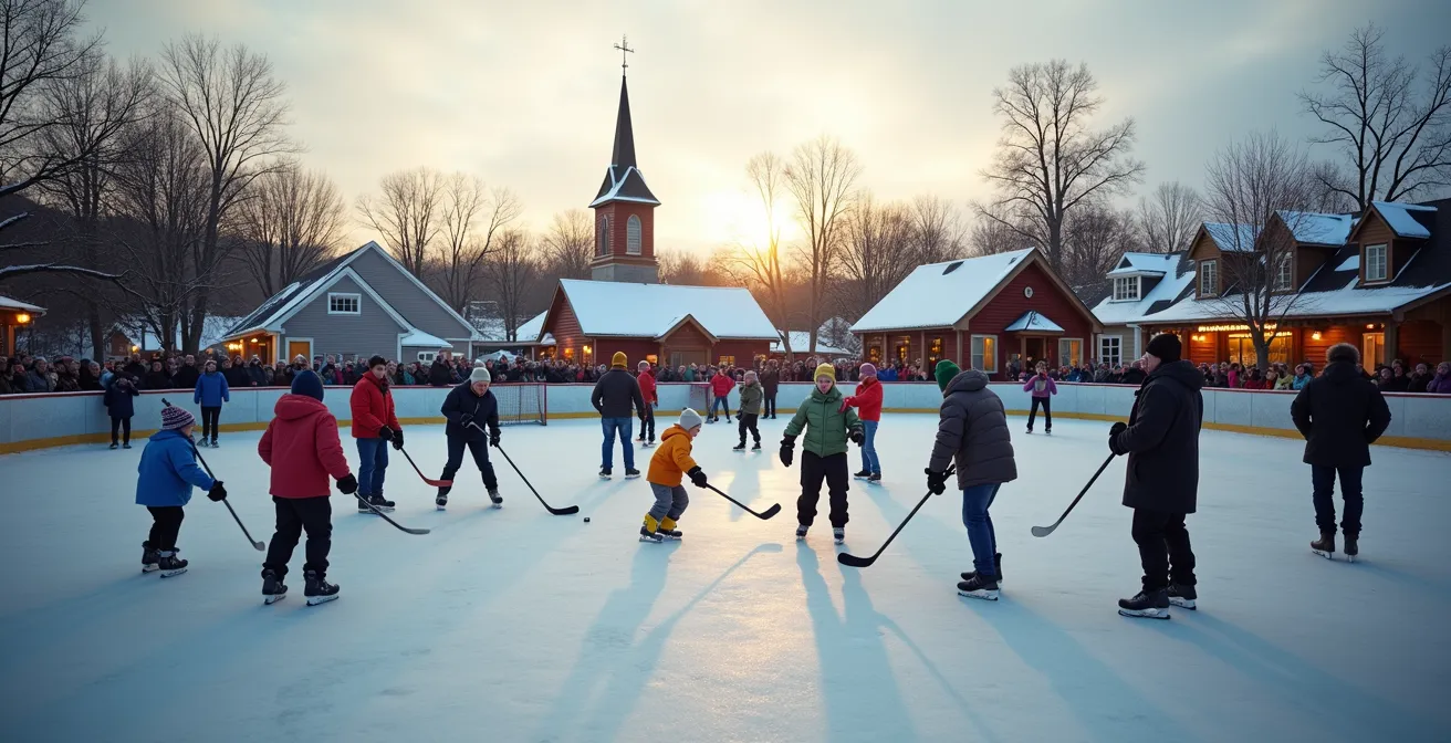 Groupe de personnes participant à une partie de hockey extérieur sur patinoire de village québécois