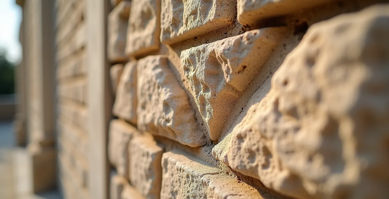 Détail architectural en macro d'un mur coupe-feu typique du régime français avec ses pierres calcaires et son toit à forte pente