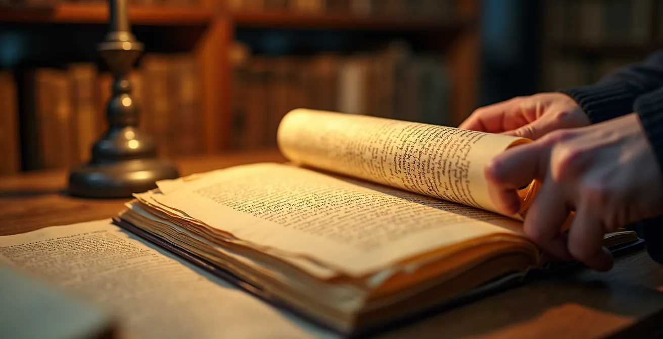 Mains consultant des documents d'archives anciens dans une bibliothèque historique