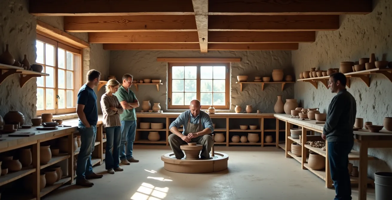 Maître potier québécois démontrant sa technique à un petit groupe dans son atelier traditionnel