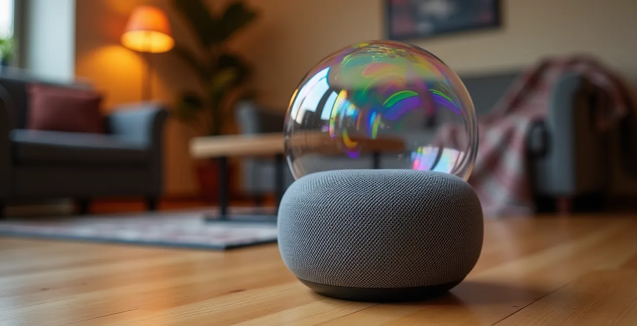 Gros plan artistique sur un assistant vocal dans un salon canadien avec métaphore visuelle de la protection des données