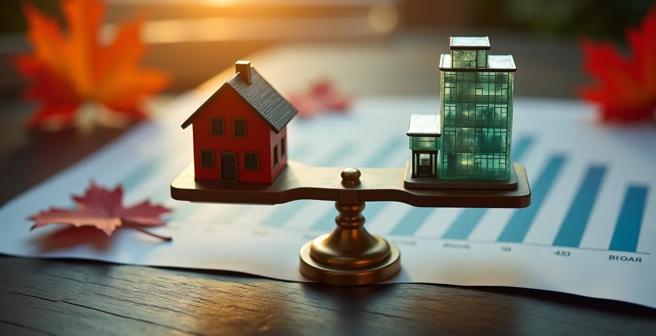 Balance symbolique avec maisons miniatures représentant le choix entre taux fixe et variable au Canada