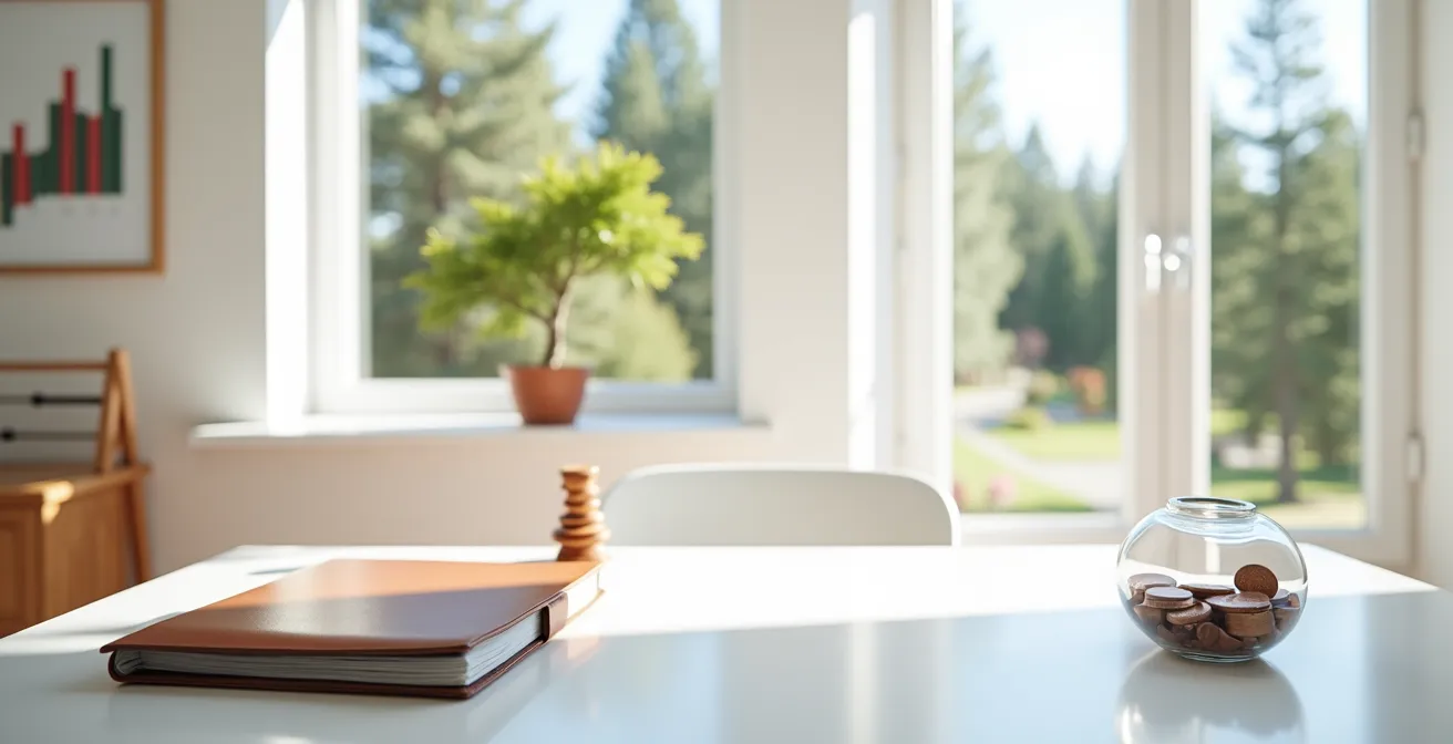 Espace de travail épuré avec éléments suggérant l'épargne et l'investissement dans un contexte canadien