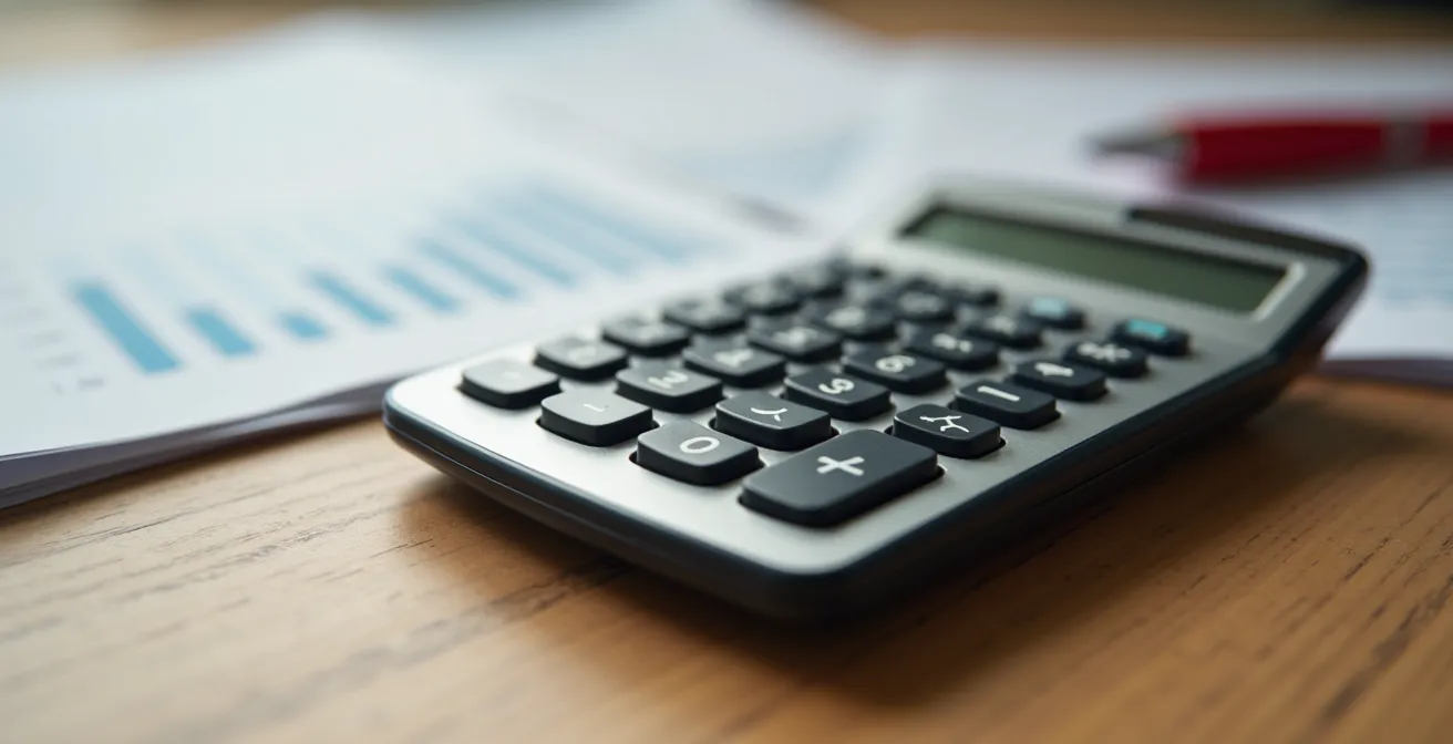 Calculatrice moderne sur bureau avec documents financiers flous en arrière-plan dans un environnement de bureau canadien