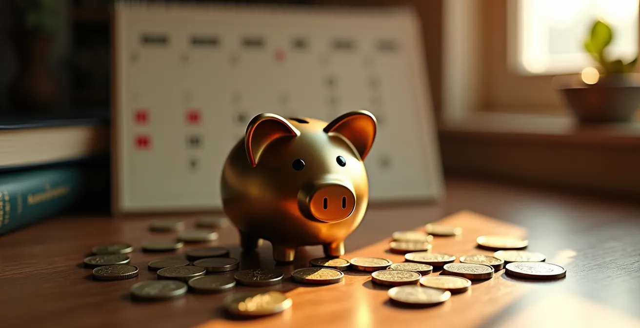 Calendrier avec marqueurs colorés indiquant les meilleures périodes de réservation pour économiser sur un voyage.