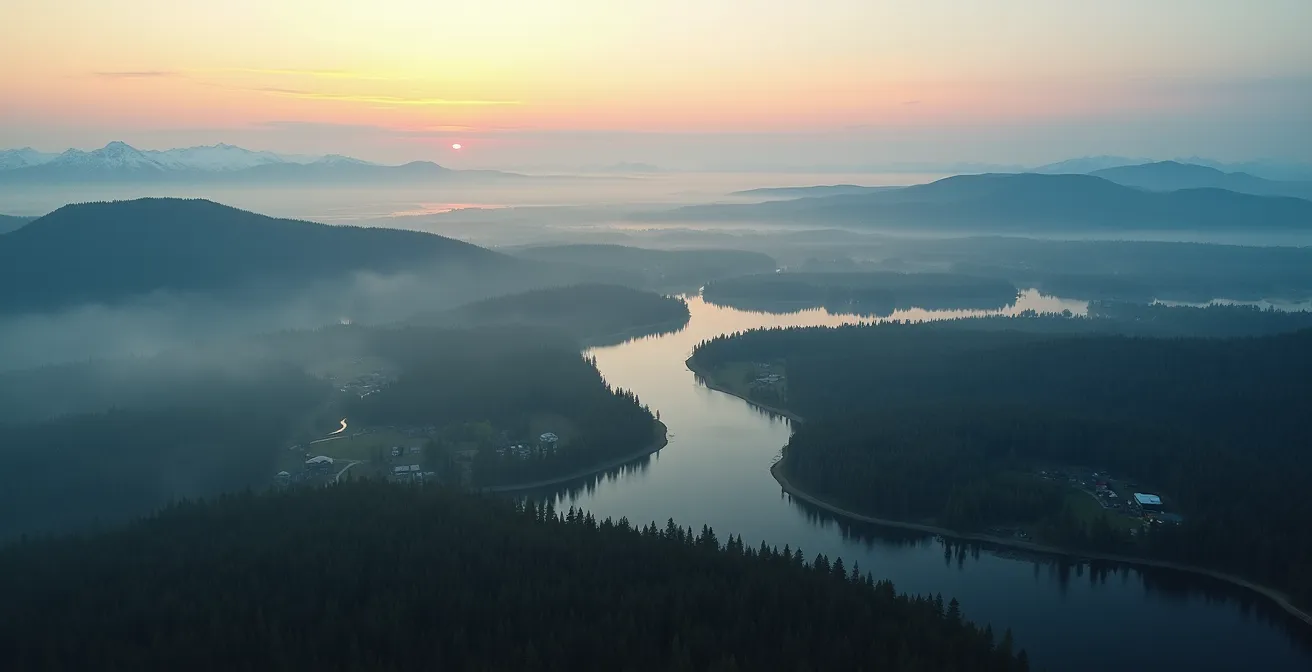 Vue aérienne minimaliste des vastes étendues du nord québécois montrant l'isolement des communautés éloignées