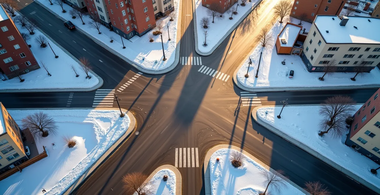 Vue aérienne d'un carrefour urbain avec pistes cyclables protégées et marquages au sol