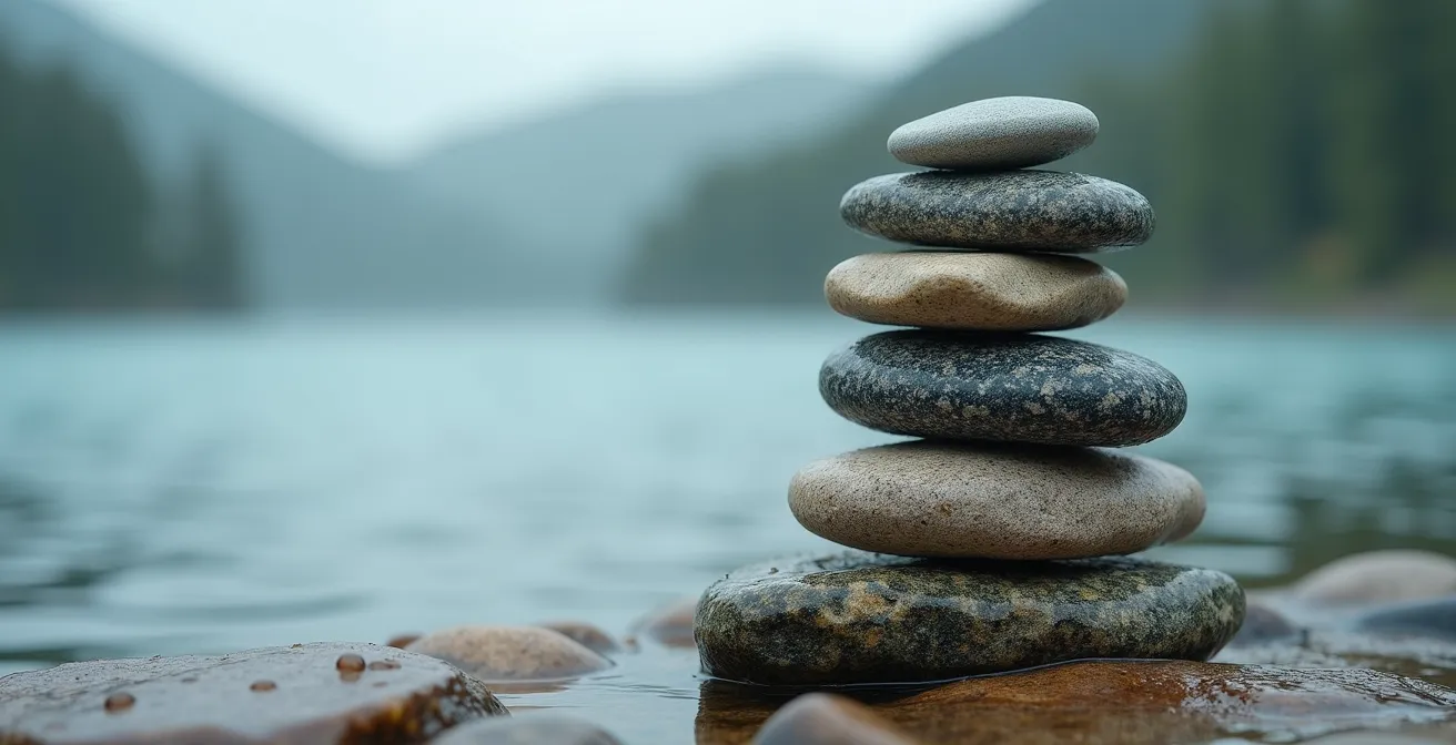 Vue macro de cinq pierres d'équilibre empilées au bord d'un lac canadien avec reflet