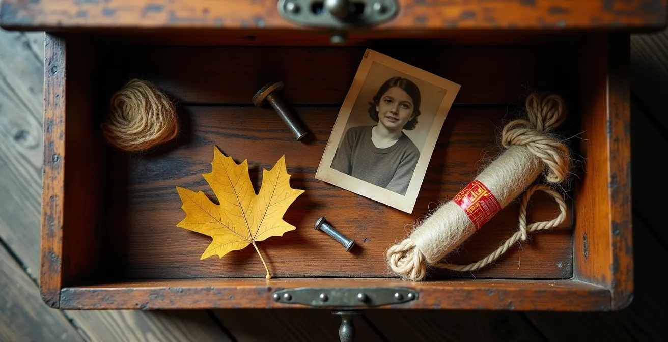 Vue aérienne d'un coffre en bois ouvert contenant des objets artisanaux et souvenirs de villages historiques