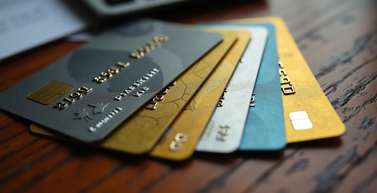 Vue macro de plusieurs cartes de crédit canadiennes disposées en éventail sur une table
