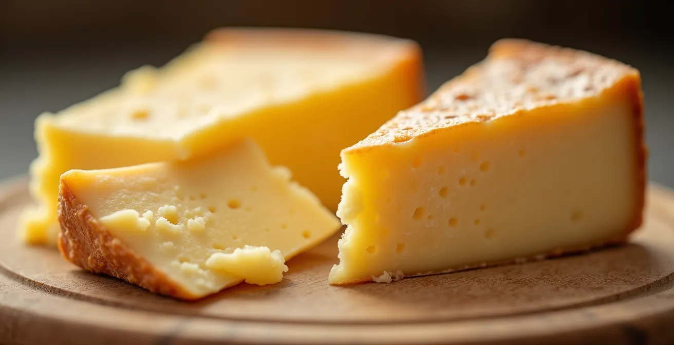 Gros plan macro sur texture crémeuse d'un fromage artisanal québécois avec croûte naturelle
