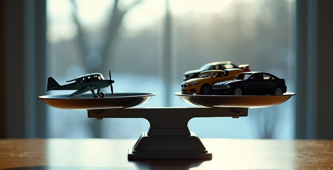 Comparaison visuelle des émissions entre un modèle réduit d'avion et plusieurs voitures miniatures sur une balance, symbolisant leur impact carbone disproportionné au Québec.