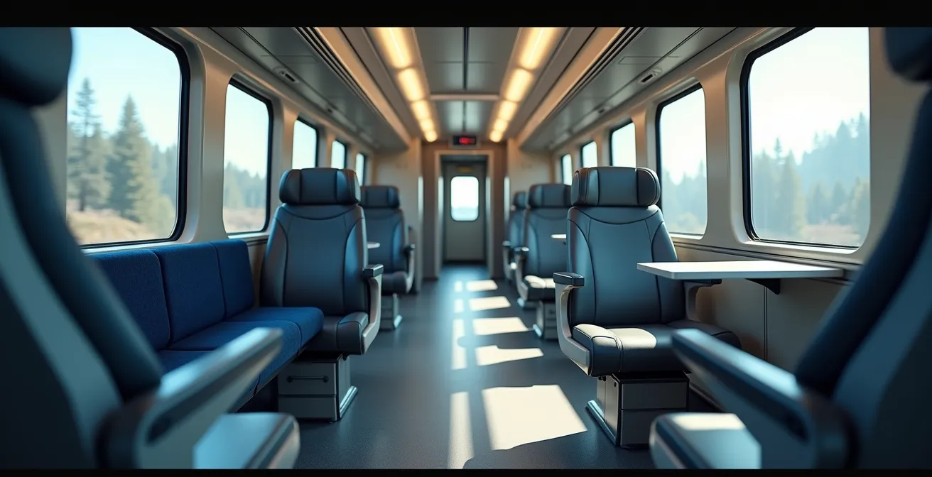 Vue latérale comparant l'espace entre les sièges de classe économique et affaires dans un train VIA Rail