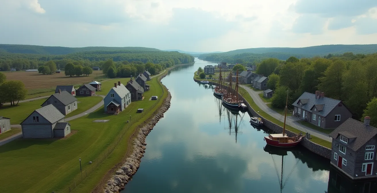 Vue aérienne montrant d'un côté un village historique rural et de l'autre un port maritime avec bateaux anciens