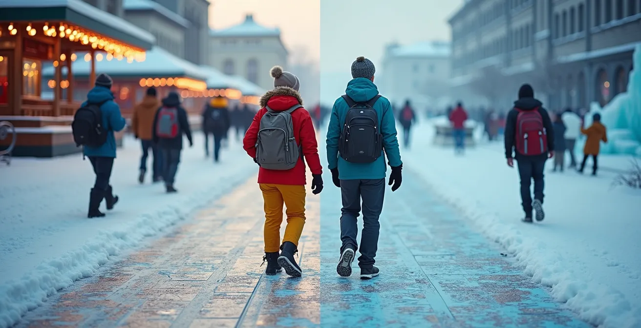 Composition divisée montrant d'un côté un groupe organisé avec guide au Carnaval et de l'autre des voyageurs indépendants explorant librement