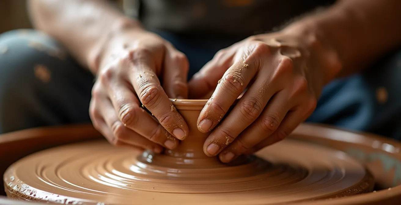 Vue macro sur des mains travaillant l'argile avec précision et concentration