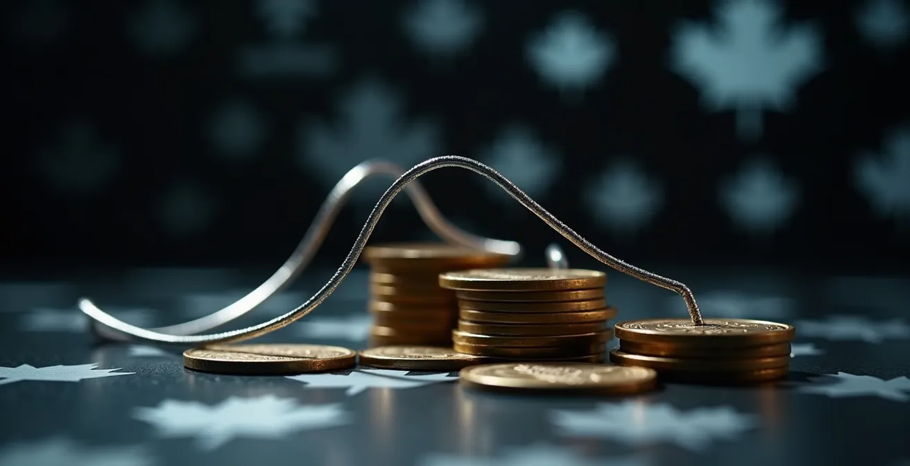 Graphique stylisé montrant une courbe inversée avec indicateurs économiques abstraits