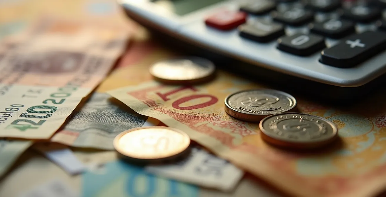 Composition macro de monnaie canadienne avec calculatrice et reçus montrant les taxes