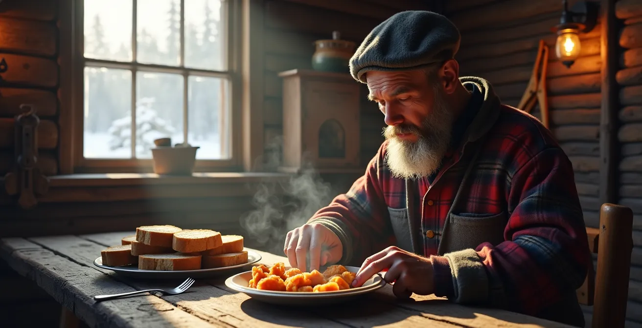 Intérieur chaleureux d'une cabane de bûcheron québécoise avec repas traditionnel copieux servi près d'un poêle à bois