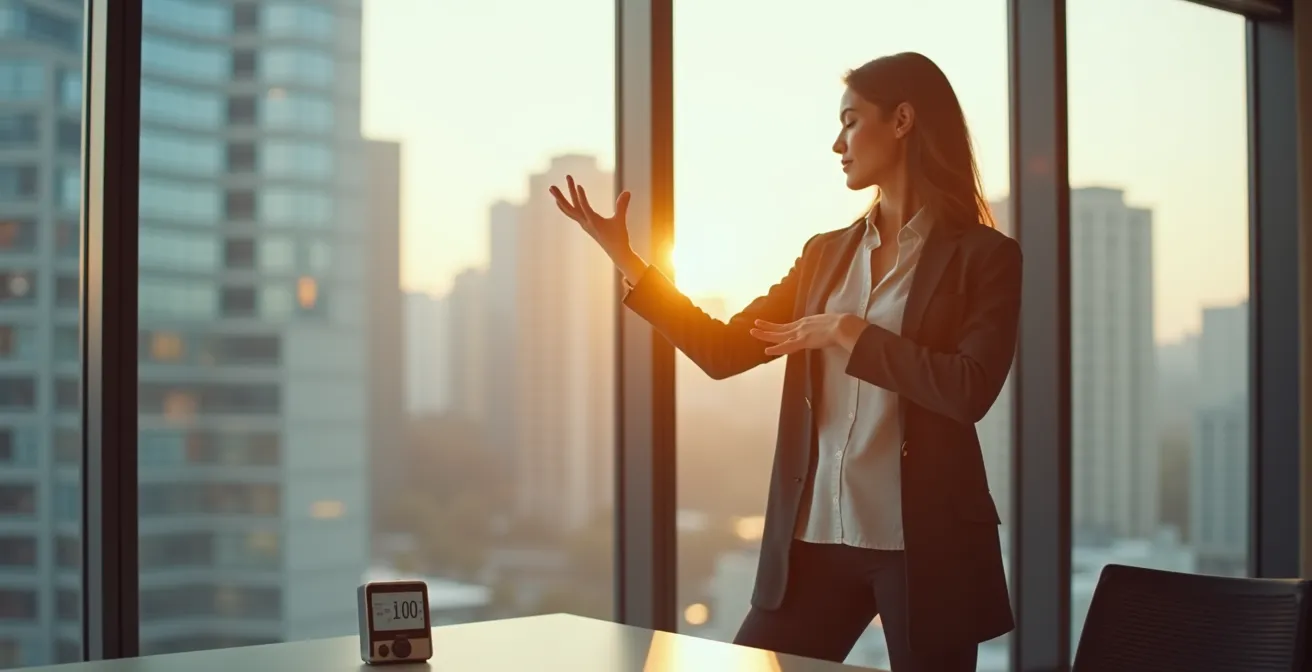 Personne faisant une pause active près d'une fenêtre dans un bureau moderne avec vue sur un paysage urbain canadien