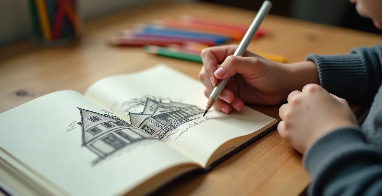 Enfant de 10 ans dessinant ses souvenirs d'une visite patrimoniale dans un carnet créatif