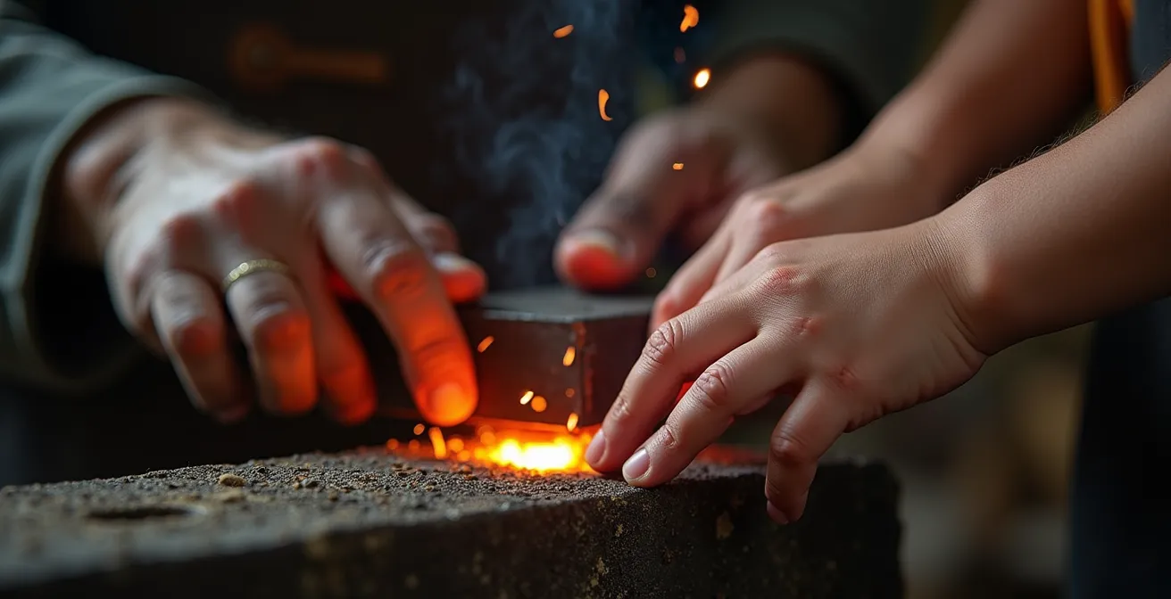 Gros plan sur les mains d'un enfant touchant le métal travaillé par un forgeron