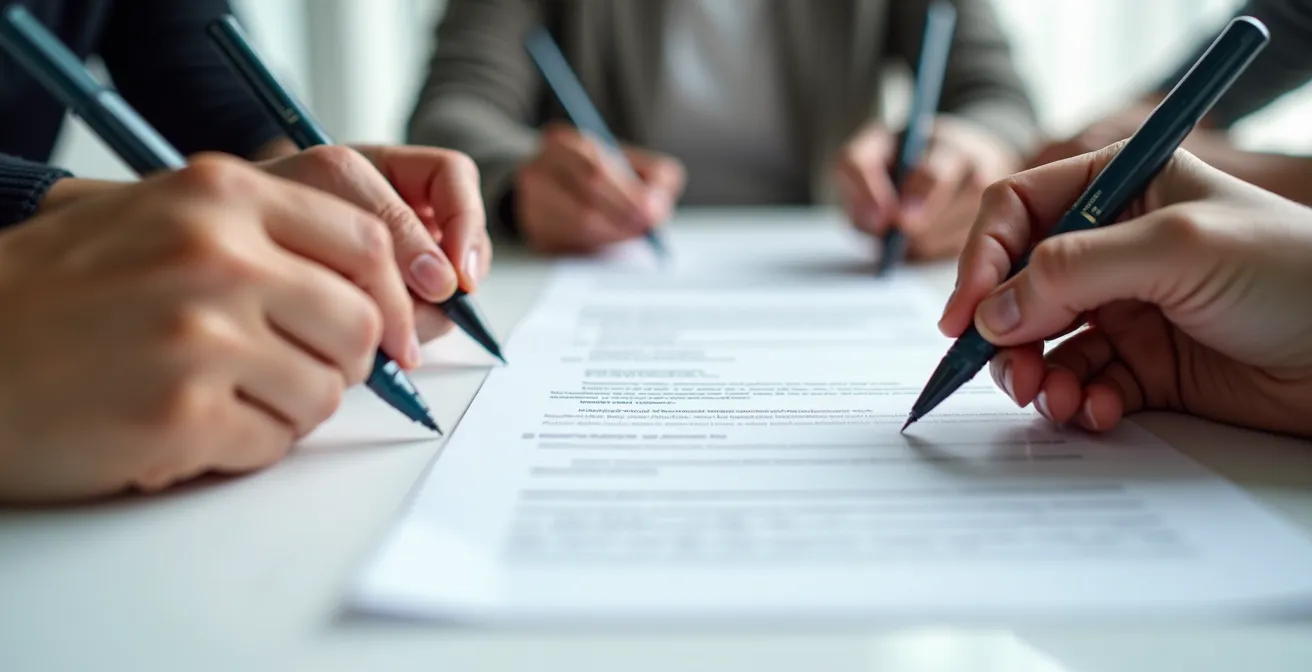 Mains de quatre personnes signant ensemble une entente de covoiturage