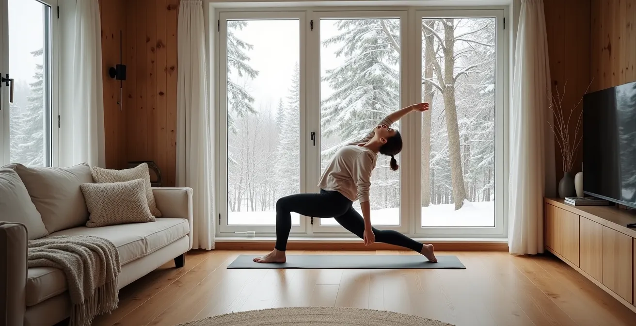 Séance d'exercice de 20 minutes dans un salon québécois en hiver