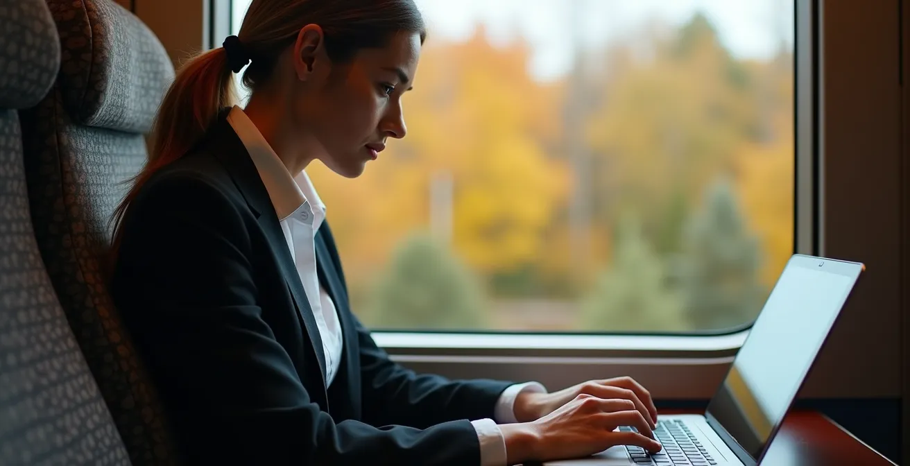 Espace de travail productif dans un train VIA Rail avec ordinateur portable et vue panoramique