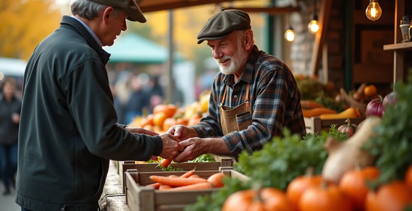 Vue plongeante sur un étal de marché avec légumes racines d'automne québécois disposés par couleur