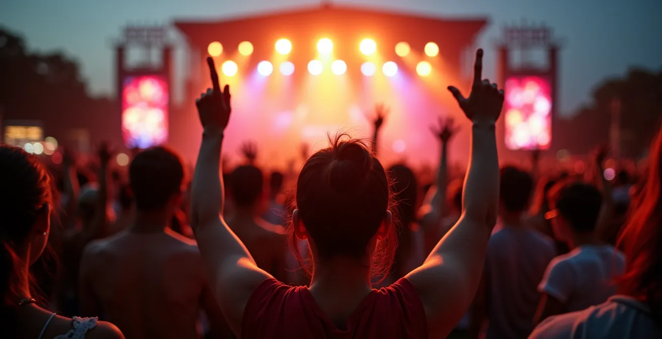 Scène principale du Festival d'été de Québec avec foule dense et vue sur les Plaines d'Abraham