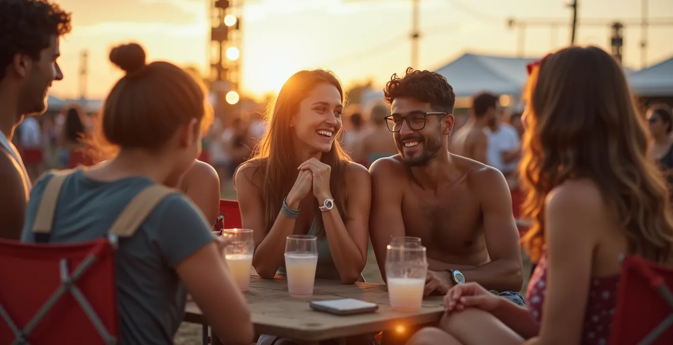 Voyageur solo s'intégrant naturellement à un groupe de festivaliers locaux au Festival d'été de Québec