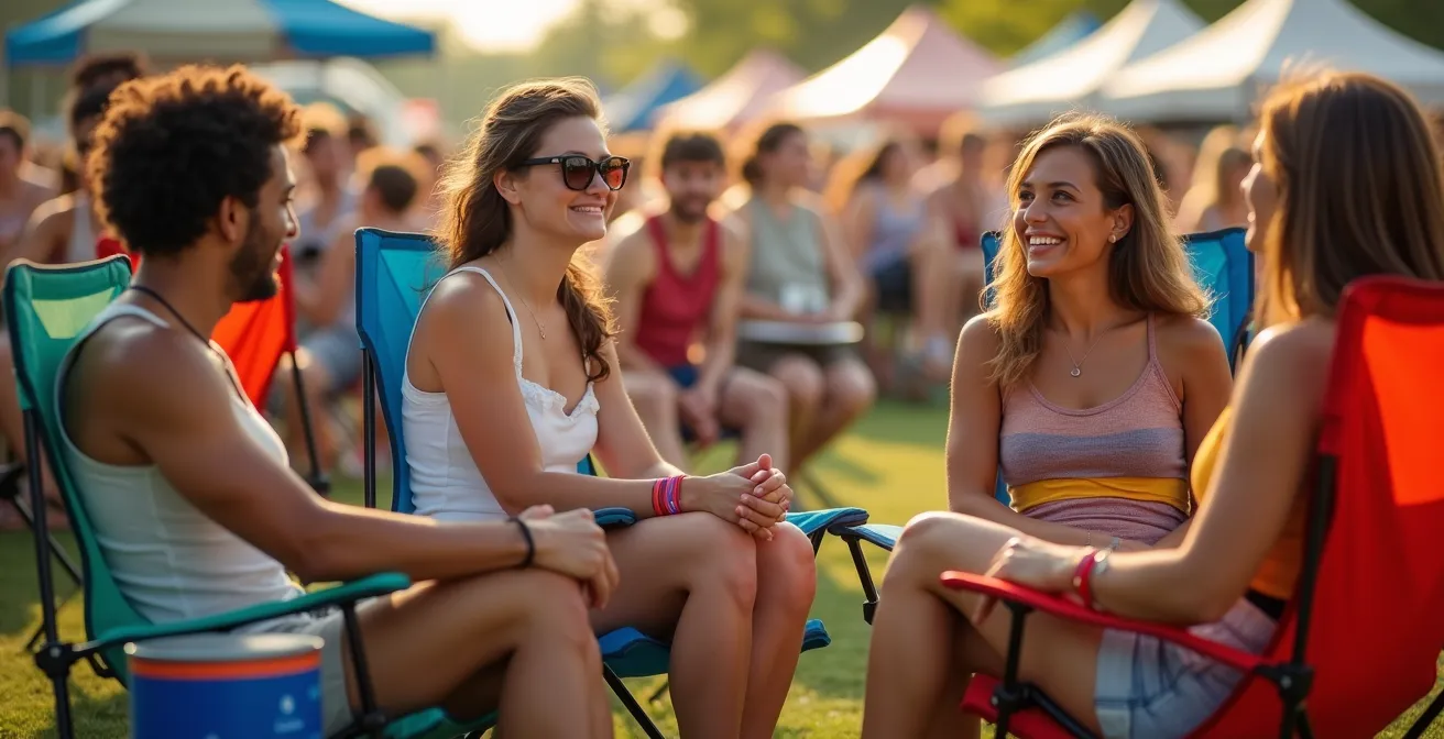 Groupe de festivaliers assis sur des chaises pliantes colorées partageant un moment convivial