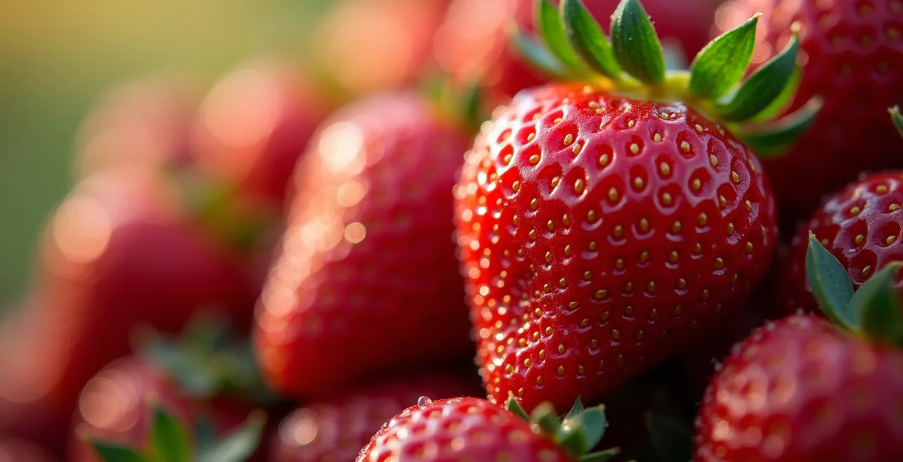 Gros plan macro sur des fraises du Québec couvertes de rosée matinale avec une profondeur de champ réduite