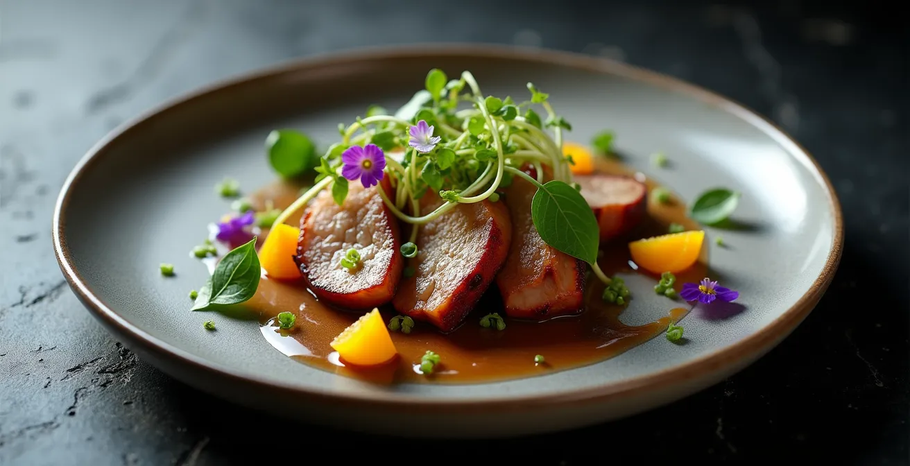 Plat gastronomique québécois raffiné avec éléments du terroir local présenté de façon élégante