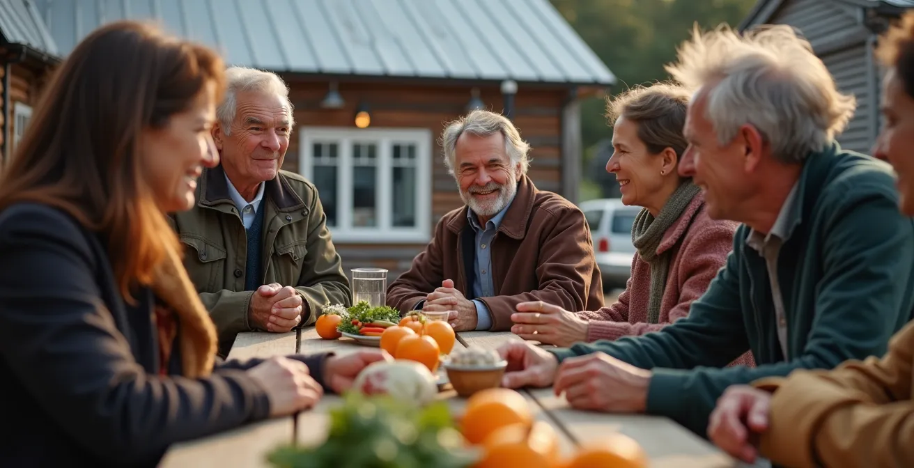 Scène chaleureuse de rassemblement communautaire dans un petit village québécois