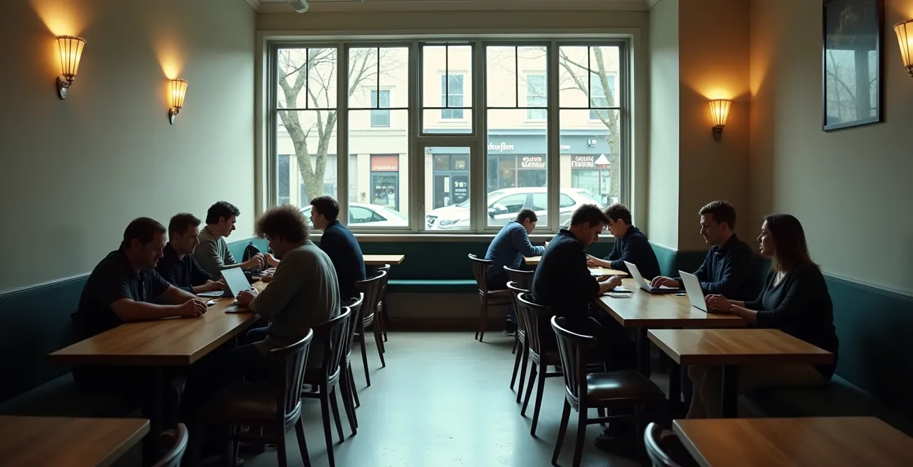 Scène de café montréalais animé avec clients travaillant individuellement