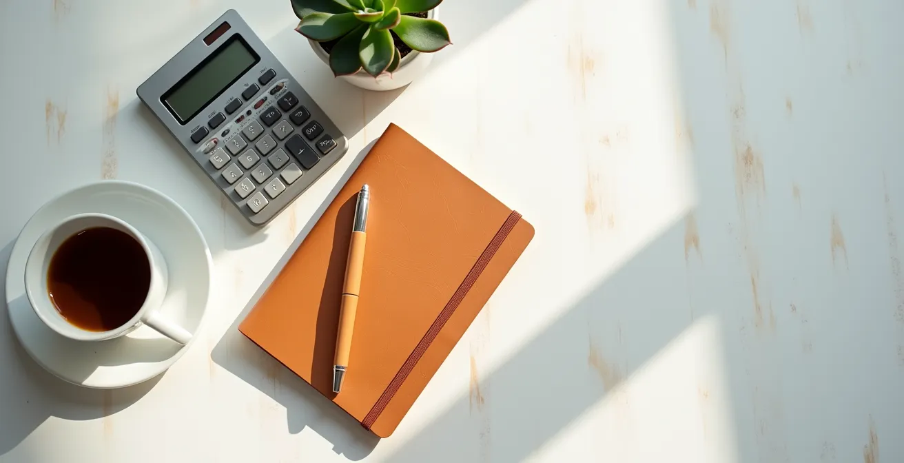 Un journal d'investissement ouvert sur un bureau avec des graphiques et un stylo, dans un environnement serein