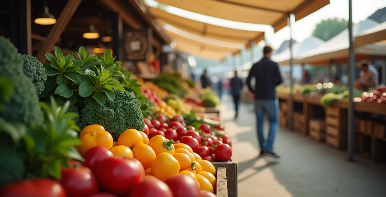 Marché public québécois animé avec étals de produits locaux et interaction entre producteurs et clients