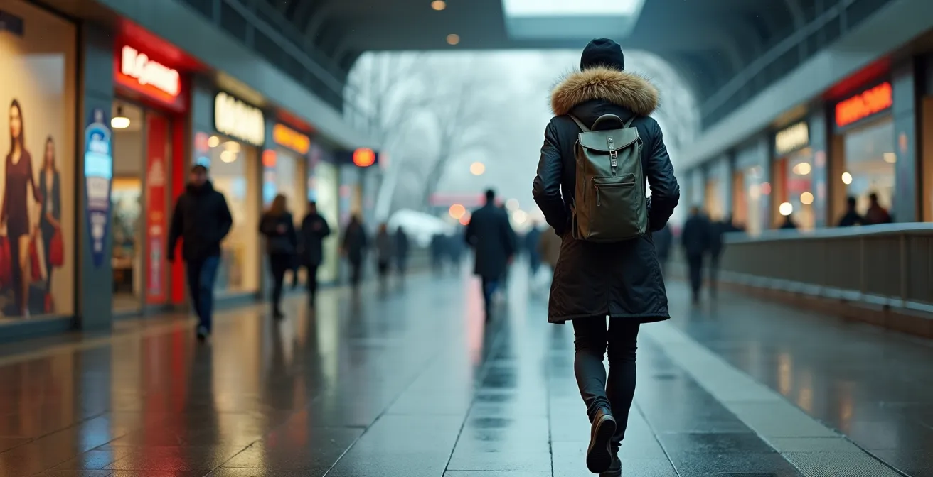 Personne marchant dans le réseau piétonnier souterrain de Montréal en hiver avec sac à dos