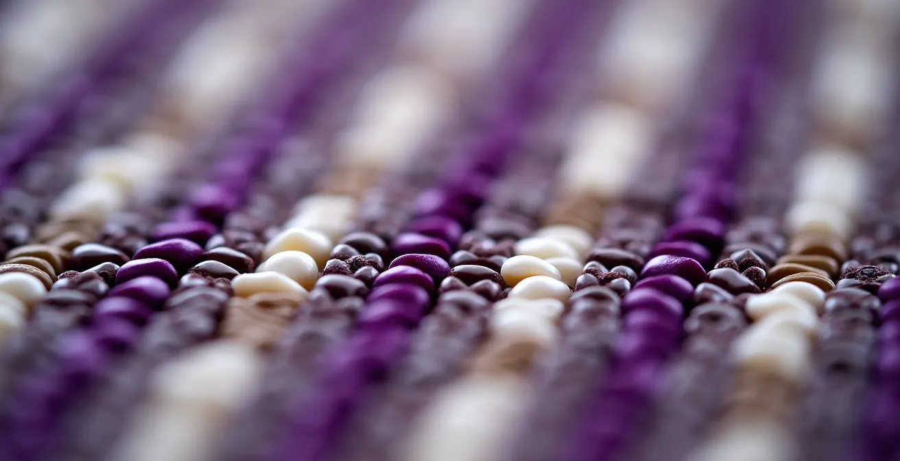 Détail macro de wampum traditionnel montrant les perles et motifs symboliques