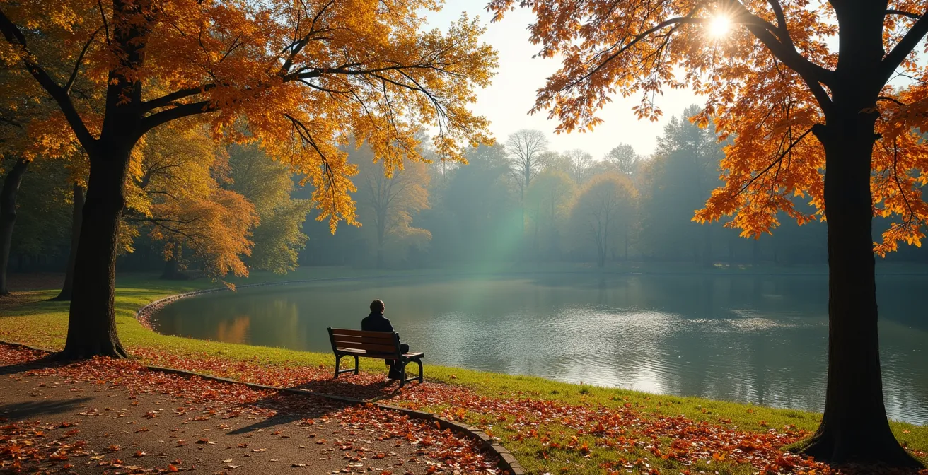 Sentier paisible dans un parc de Montréal avec une personne méditant au bord de l'eau
