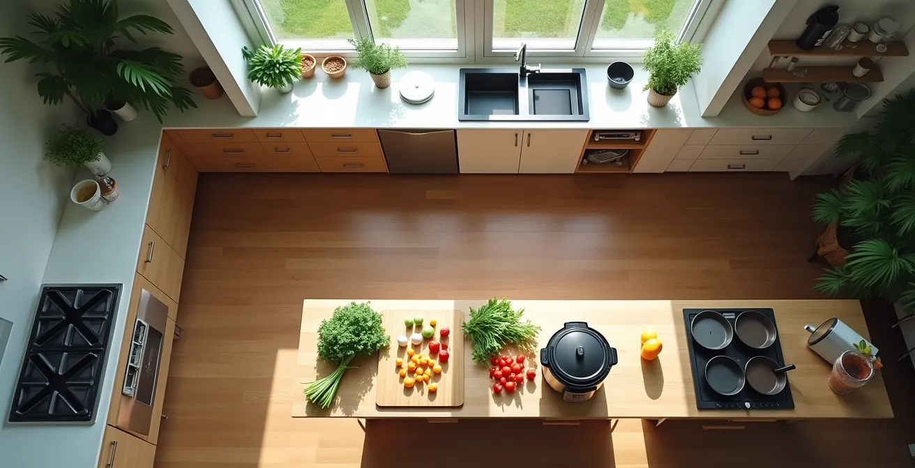 Vue aérienne d'une cuisine québécoise avec trois postes de travail distincts pour le batch cooking