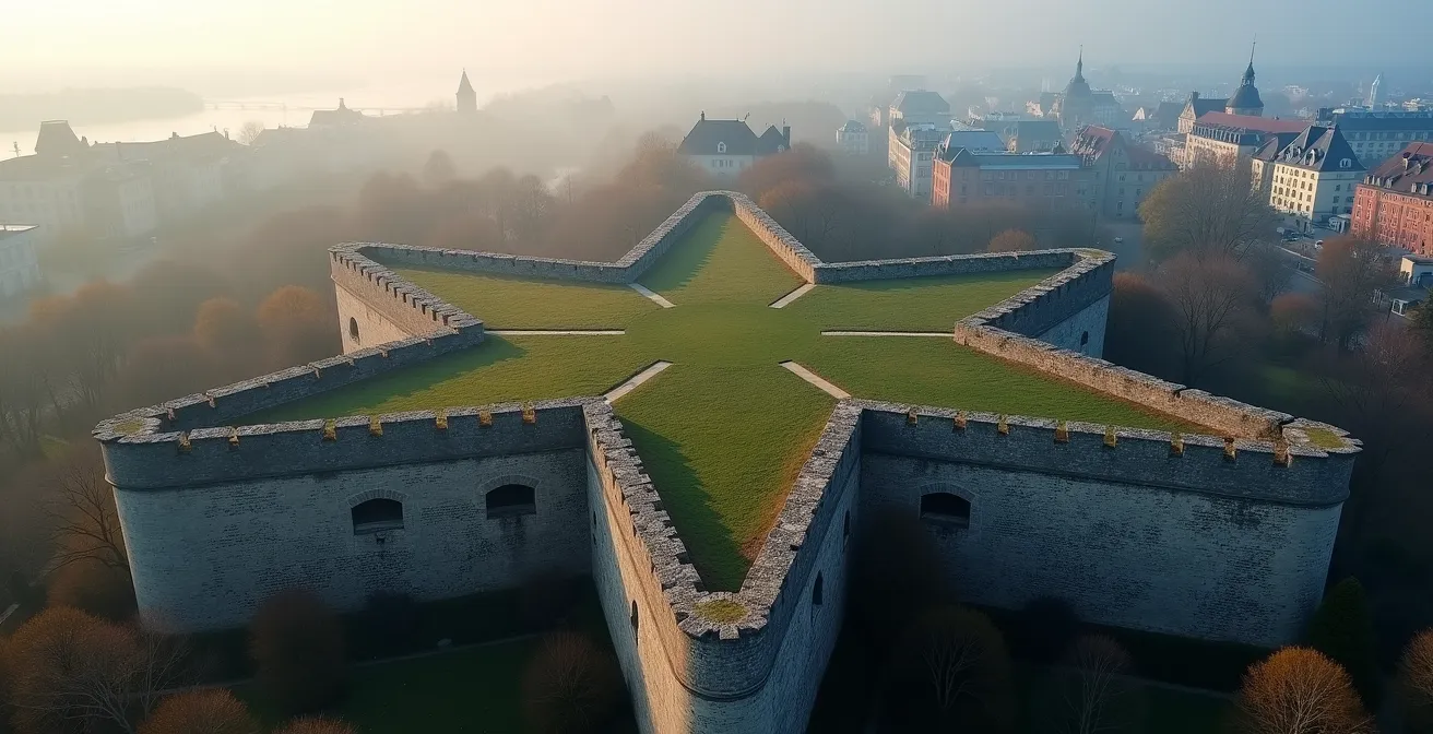 Vue aérienne des fortifications du Vieux-Québec montrant le tracé des remparts et les portes historiques