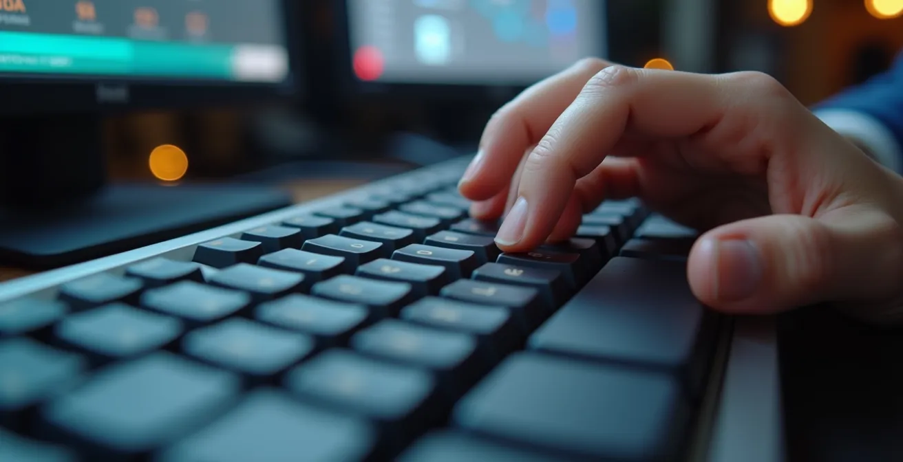 Personne tapant sur un clavier ergonomique dans un environnement de bureau minimaliste