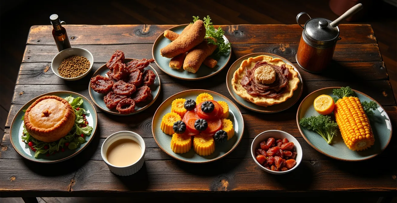 Nature morte de plats traditionnels québécois représentant différentes époques historiques