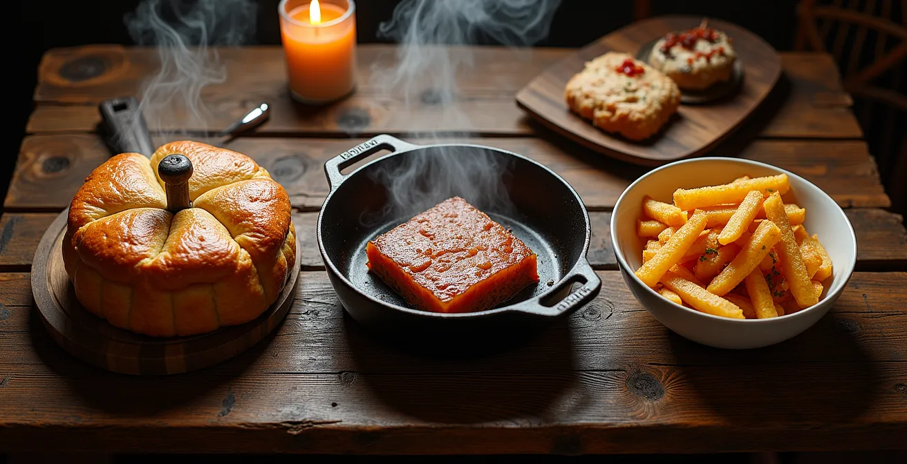 Composition artistique montrant trois plats emblématiques québécois disposés sur une table rustique en bois avec des éléments historiques