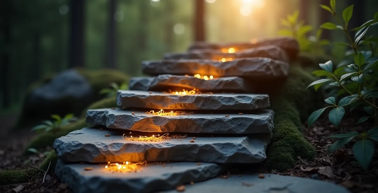 Escalier symbolique avec 52 marches représentant les semaines de l'année, éclairé progressivement