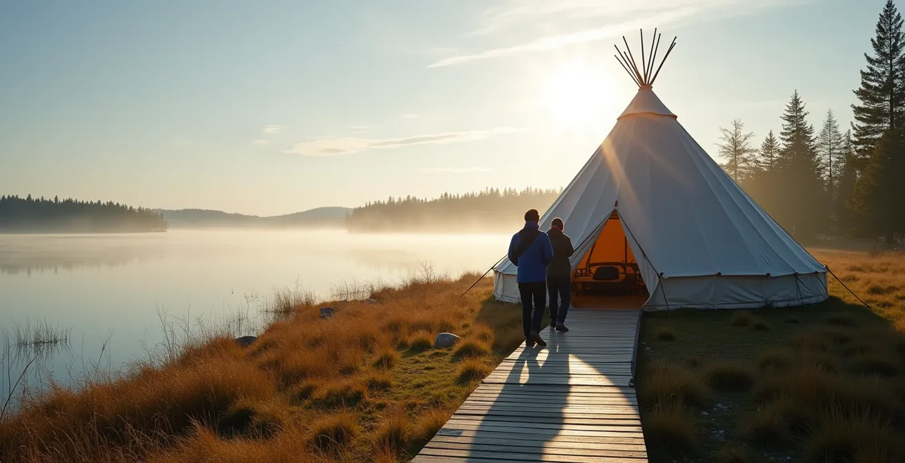 Visiteurs respectueux accueillis dans un shaputuan traditionnel au bord du lac Saint-Jean